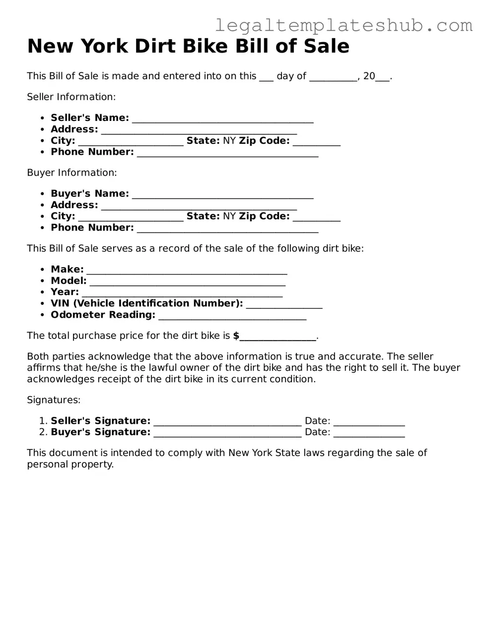 Printable  Dirt Bike Bill of Sale Document for New York