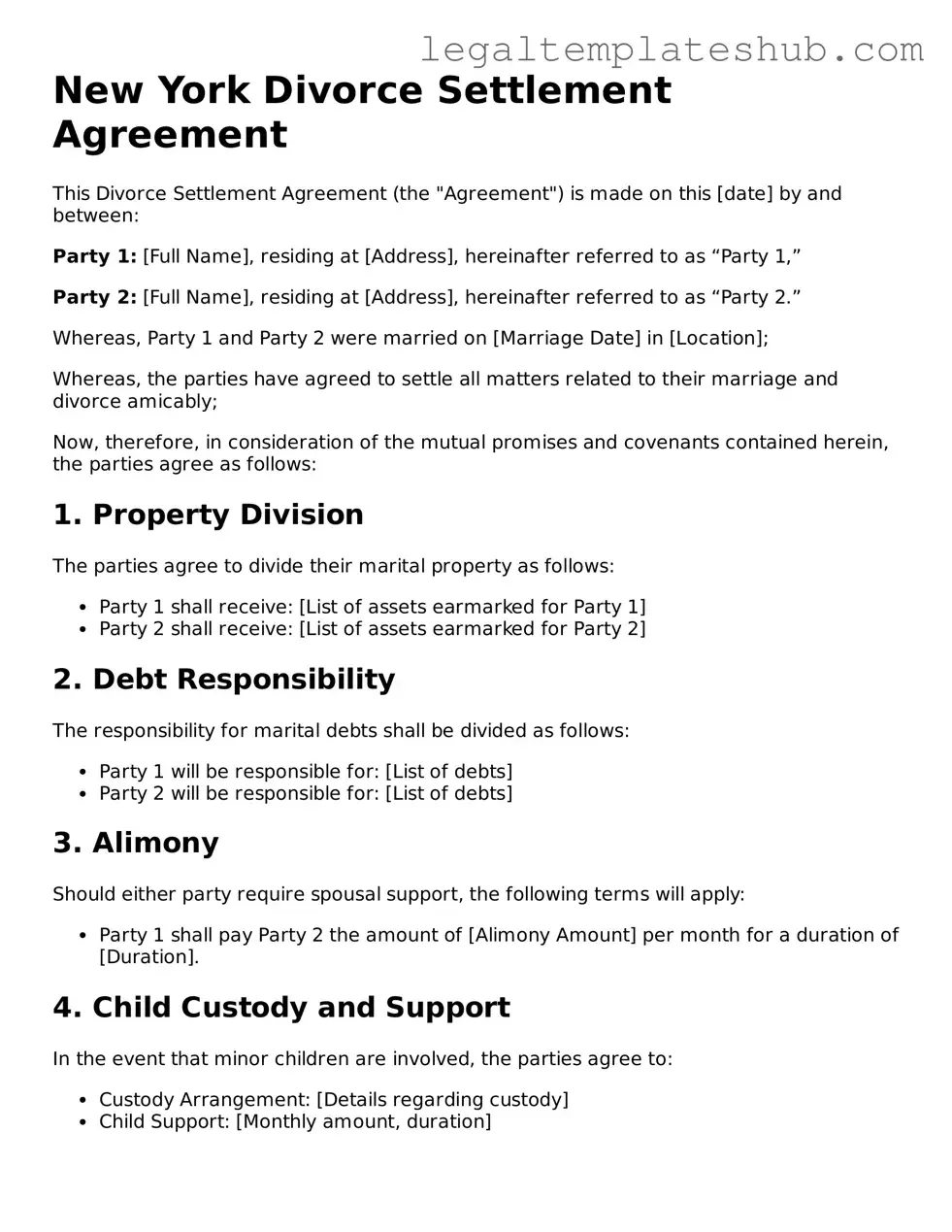 Printable  Divorce Settlement Agreement Document for New York