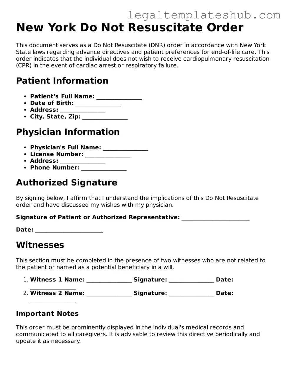 Printable  Do Not Resuscitate Order Document for New York