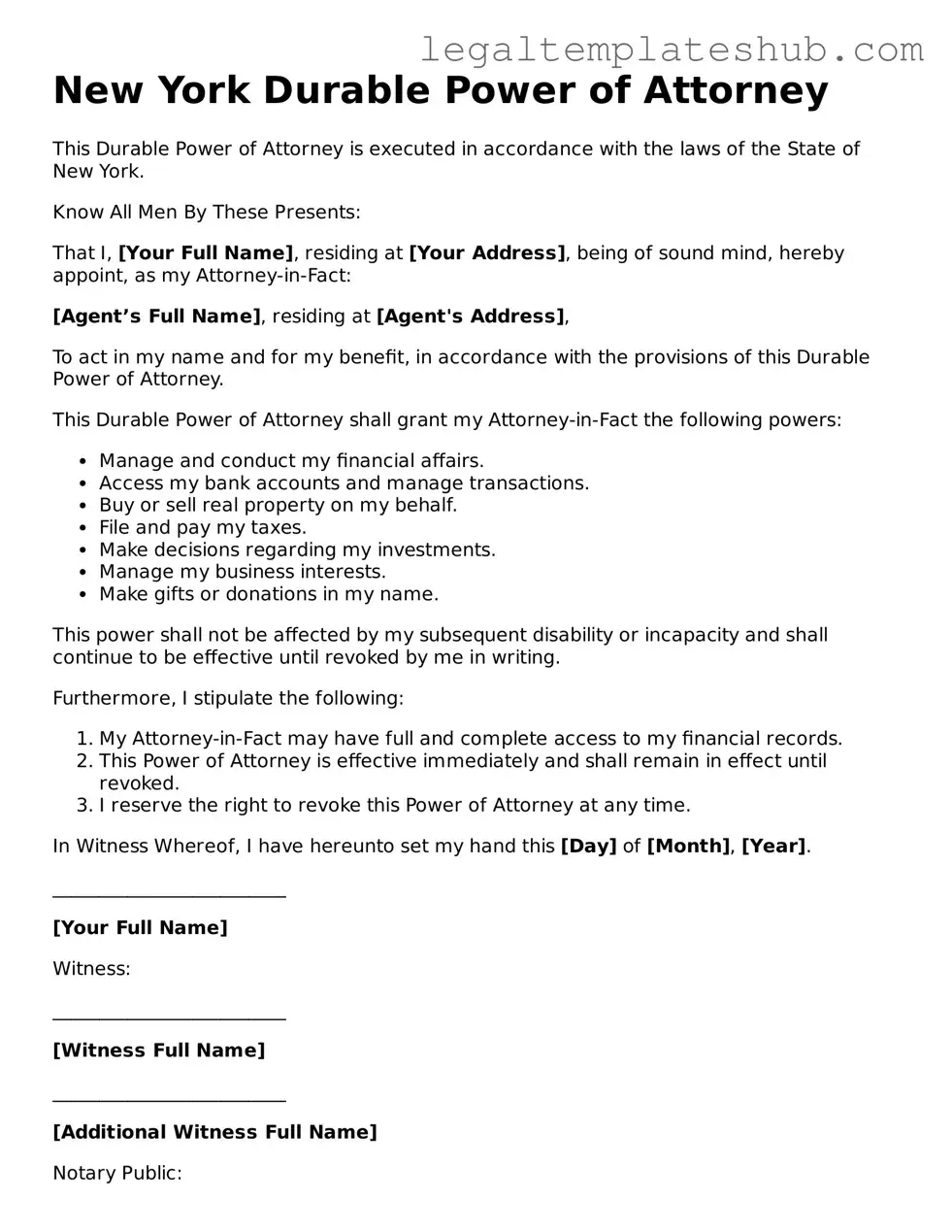 Printable Durable Power of Attorney Document for New York