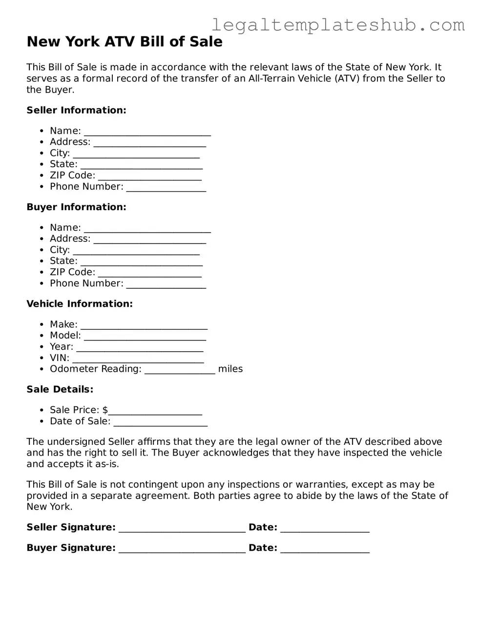 Printable  ATV Bill of Sale Document for New York