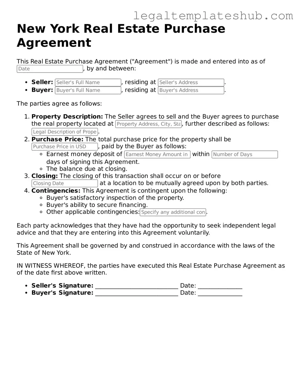 Printable  Real Estate Purchase Agreement Document for New York