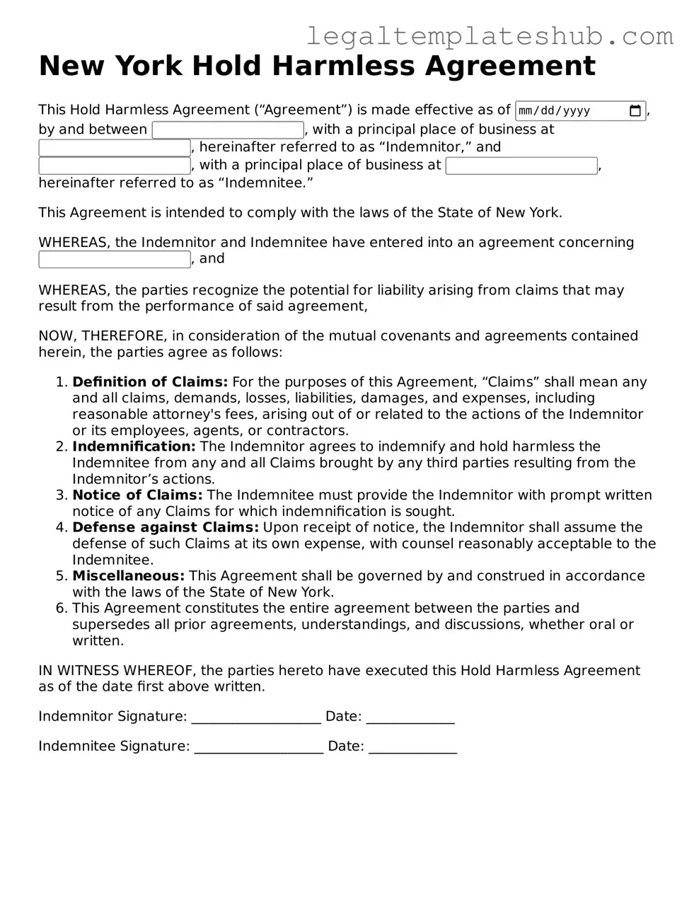 Printable Hold Harmless Agreement Document for New York