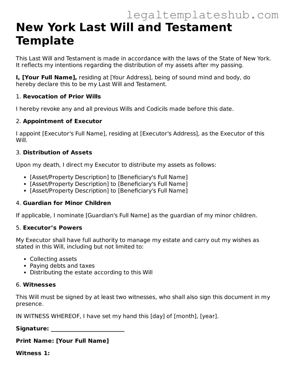 Printable Last Will and Testament Document for New York