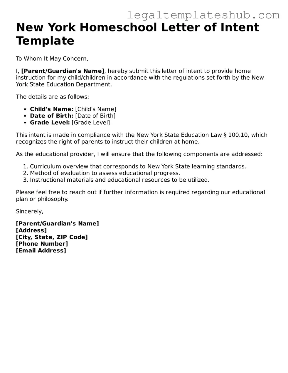 Printable  Homeschool Letter of Intent Document for New York