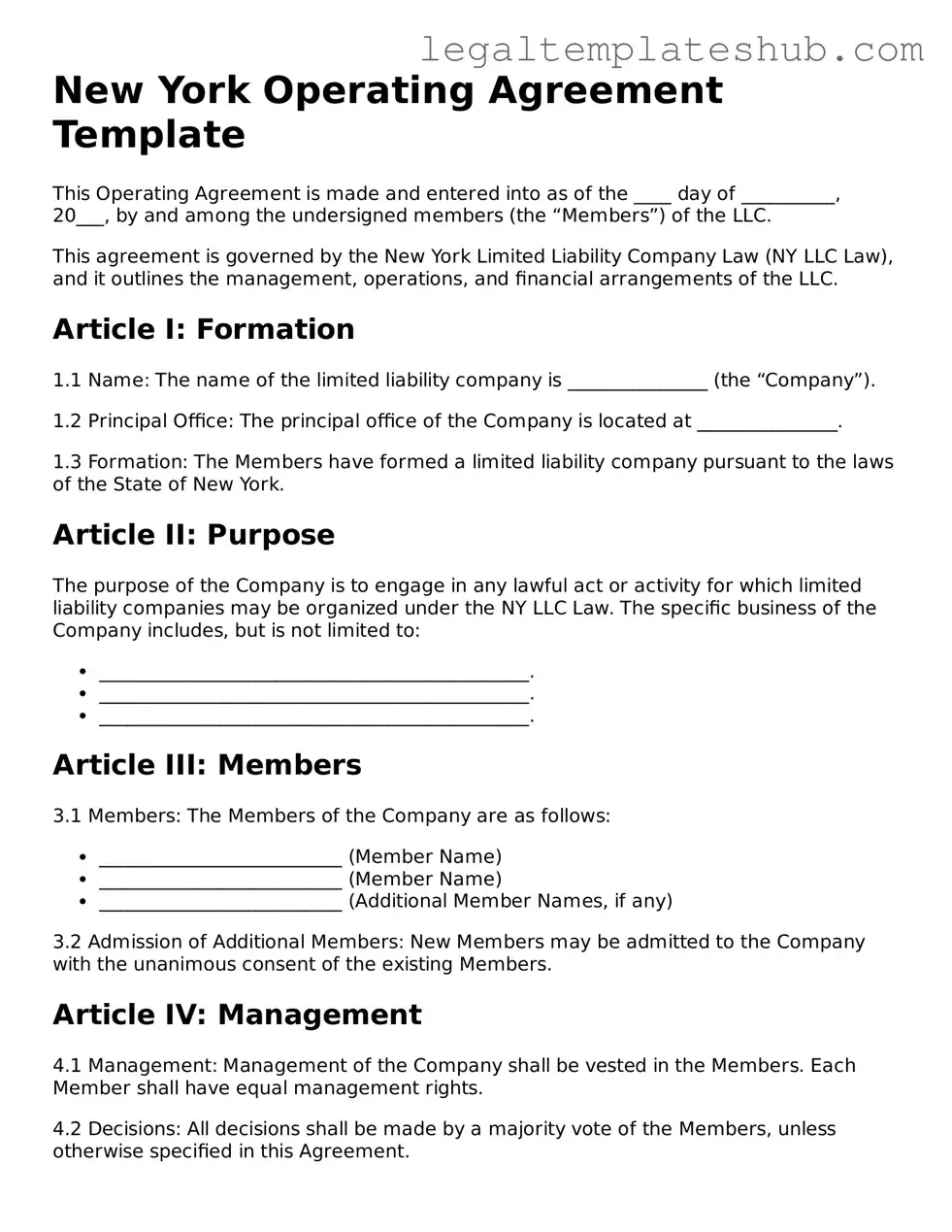 Printable Operating Agreement Document for New York