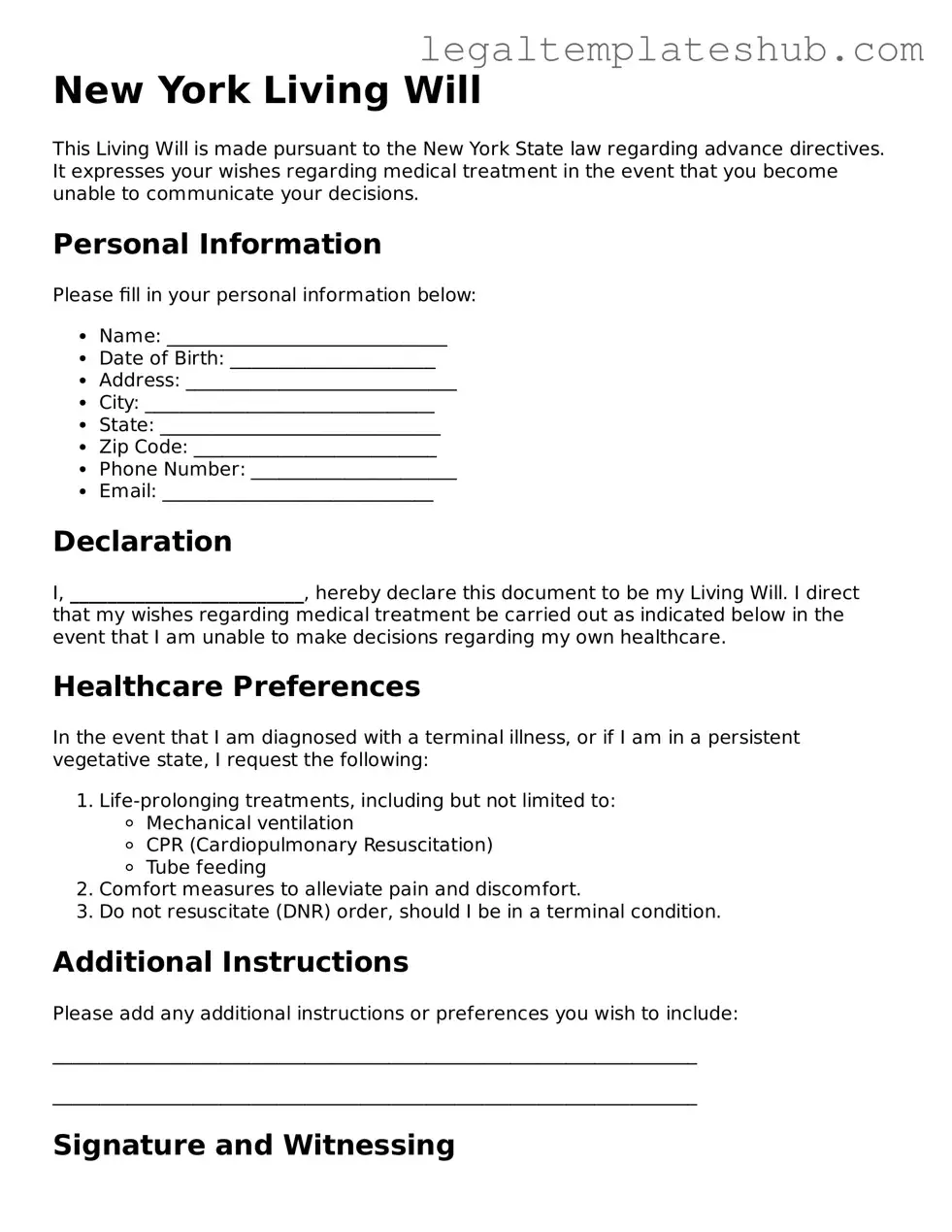 Printable  Living Will Document for New York