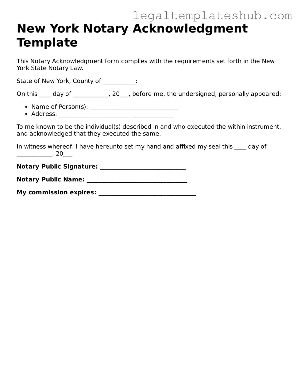 Printable  Notary Acknowledgement Document for New York