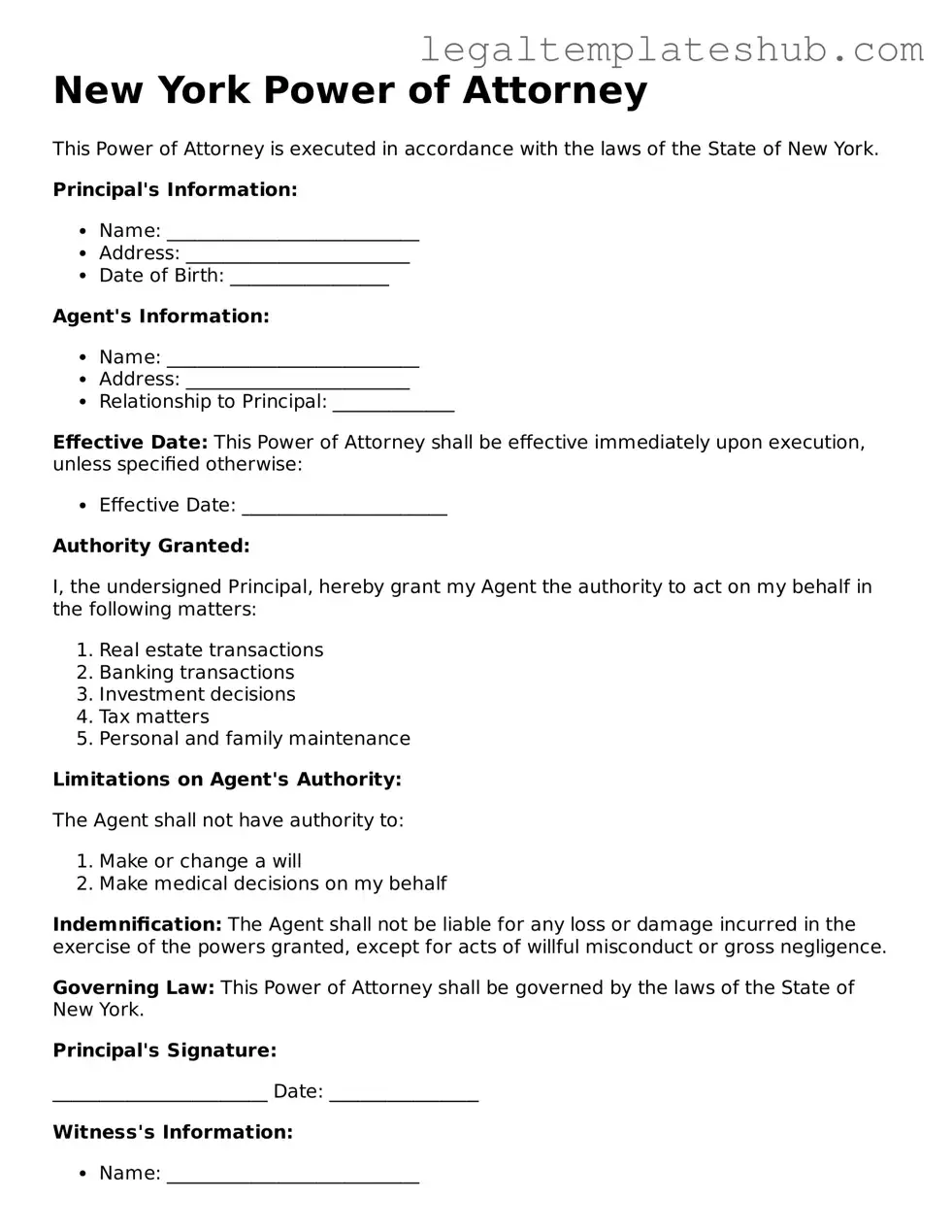 Printable  Power of Attorney Document for New York