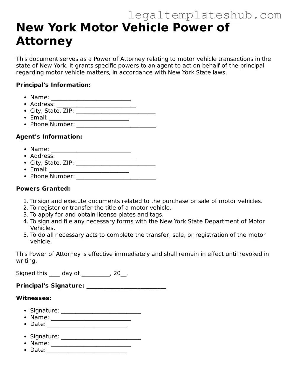Printable Motor Vehicle Power of Attorney Document for New York