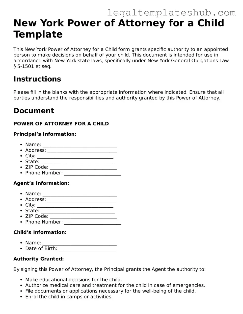 Printable Power of Attorney for a Child Document for New York