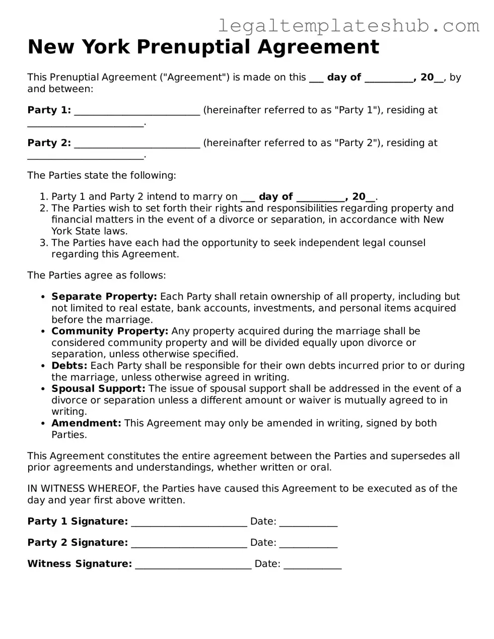 Printable Prenuptial Agreement Document for New York