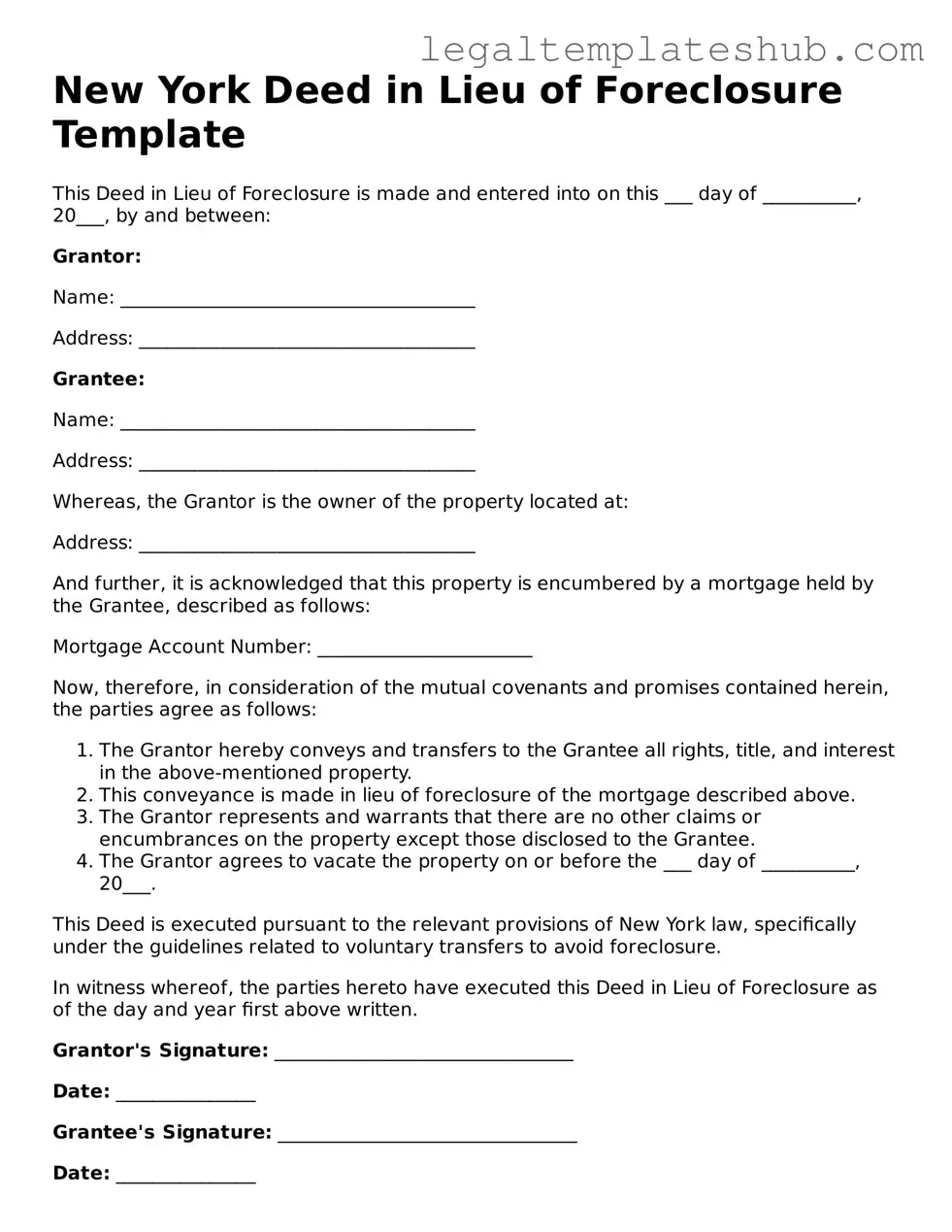 Printable  Deed in Lieu of Foreclosure Document for New York
