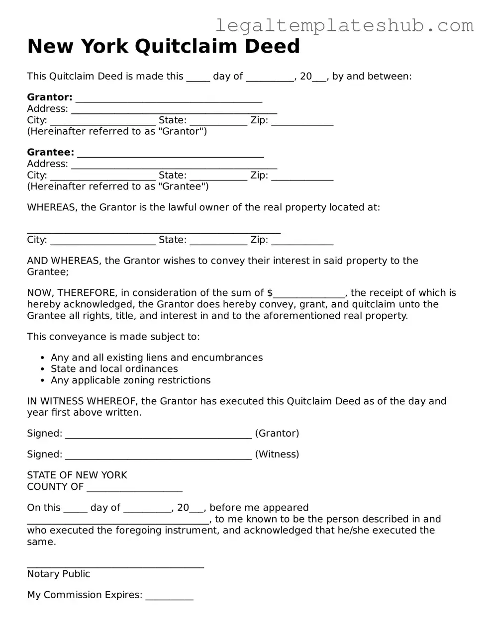 Printable  Quitclaim Deed Document for New York