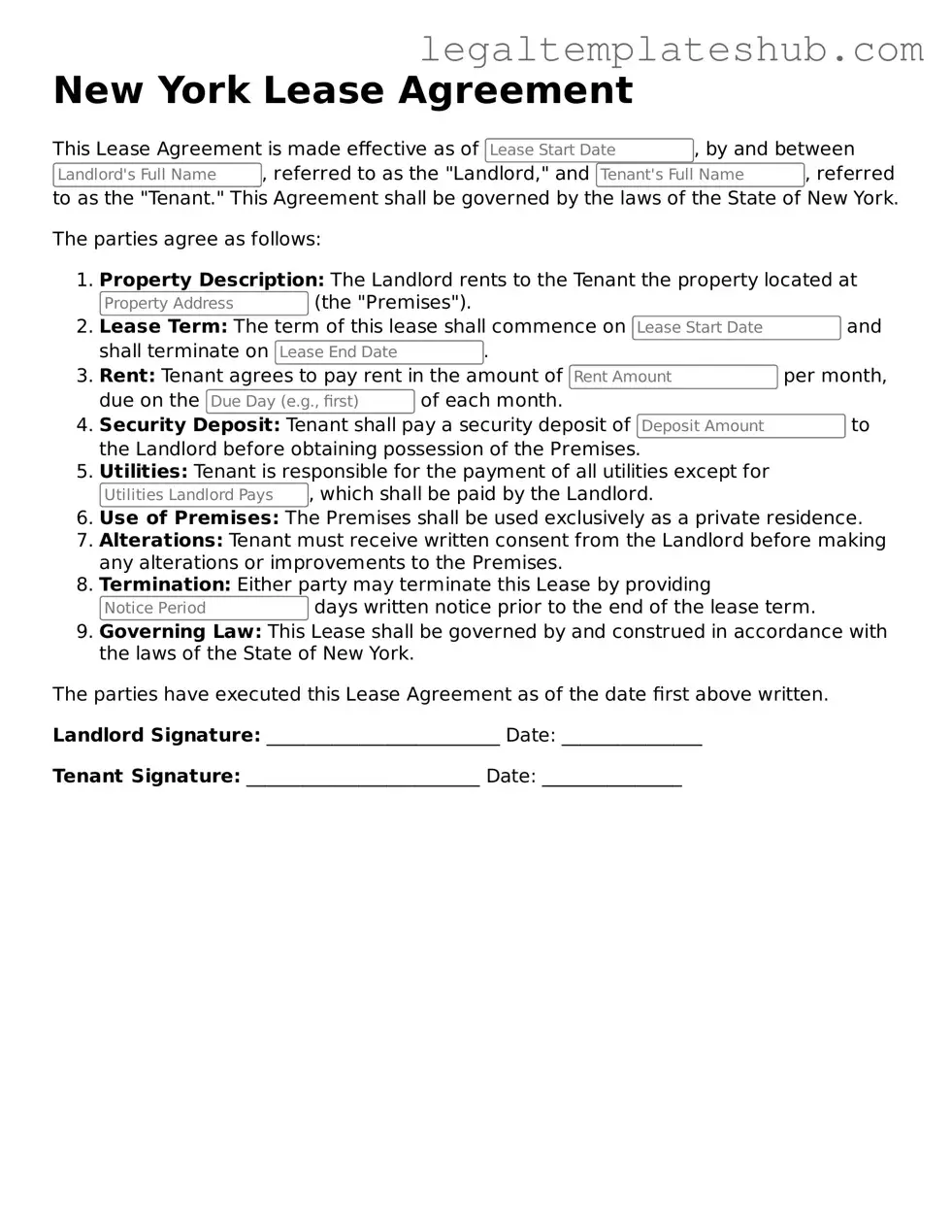 Printable Lease Agreement Document for New York