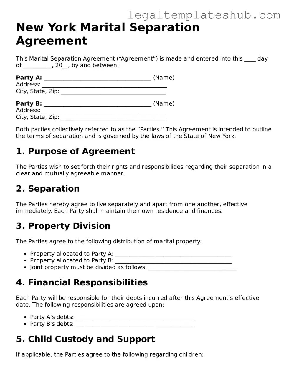Printable  Marital Separation Agreement Document for New York