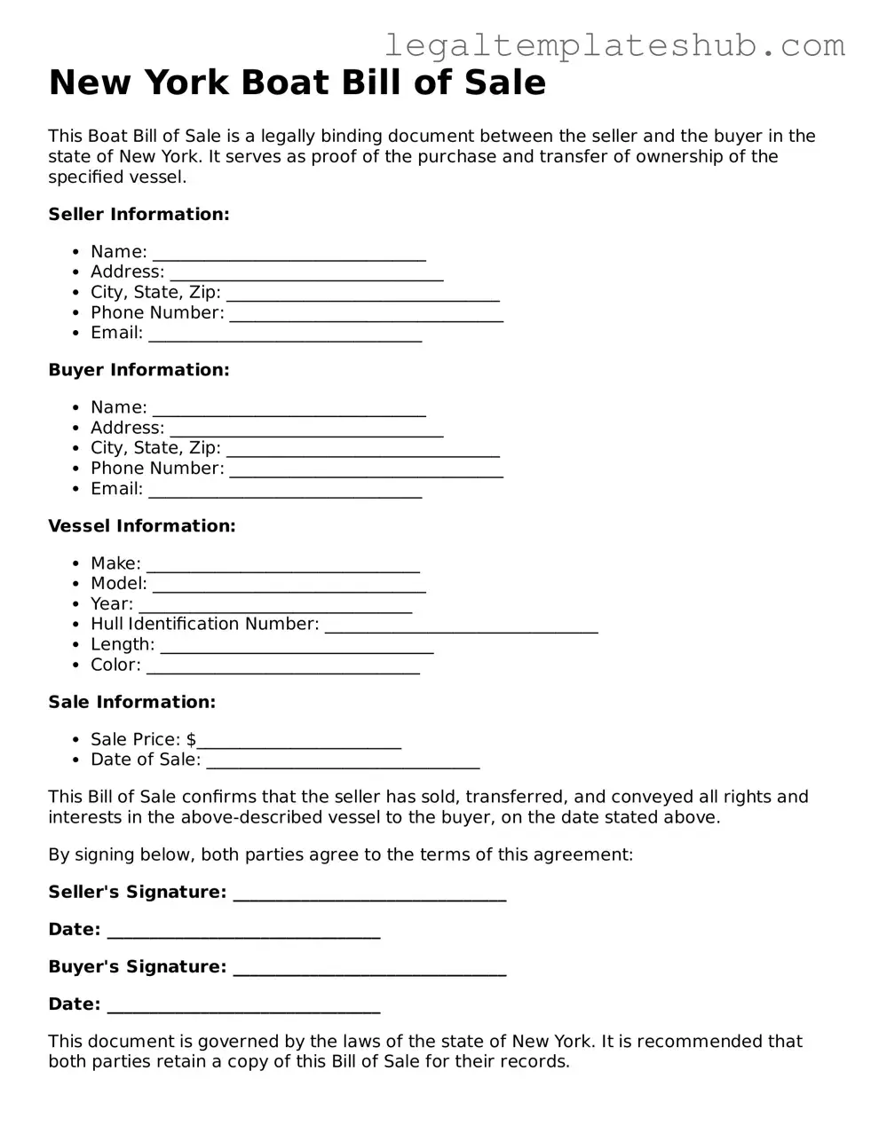 Printable  Boat Bill of Sale Document for New York