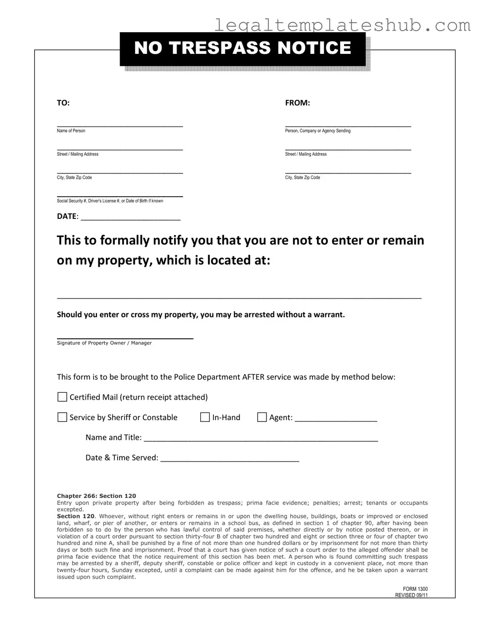 Blank No Trespassing Letter PDF Form