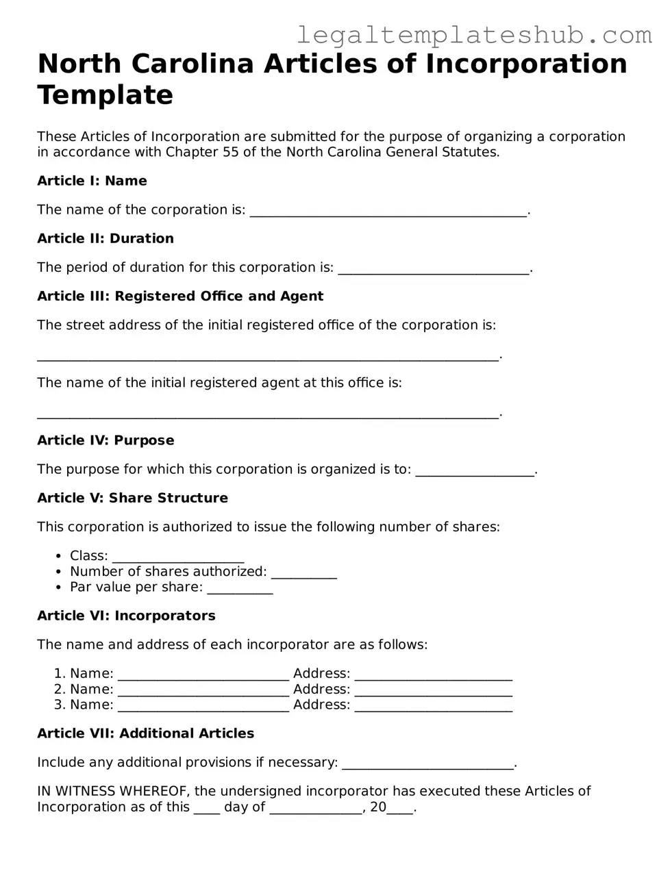 Printable Articles of Incorporation Document for North Carolina