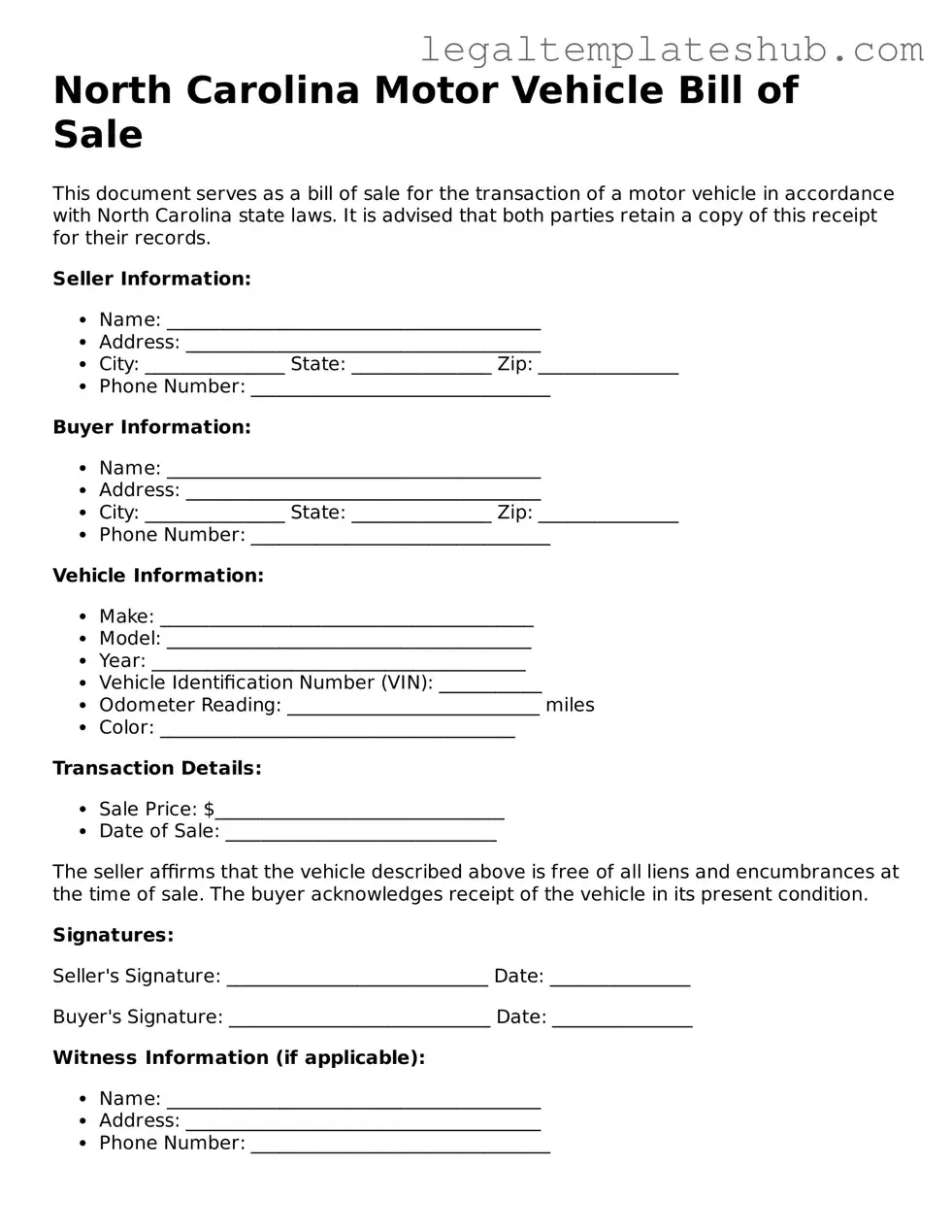 Printable  Motor Vehicle Bill of Sale Document for North Carolina