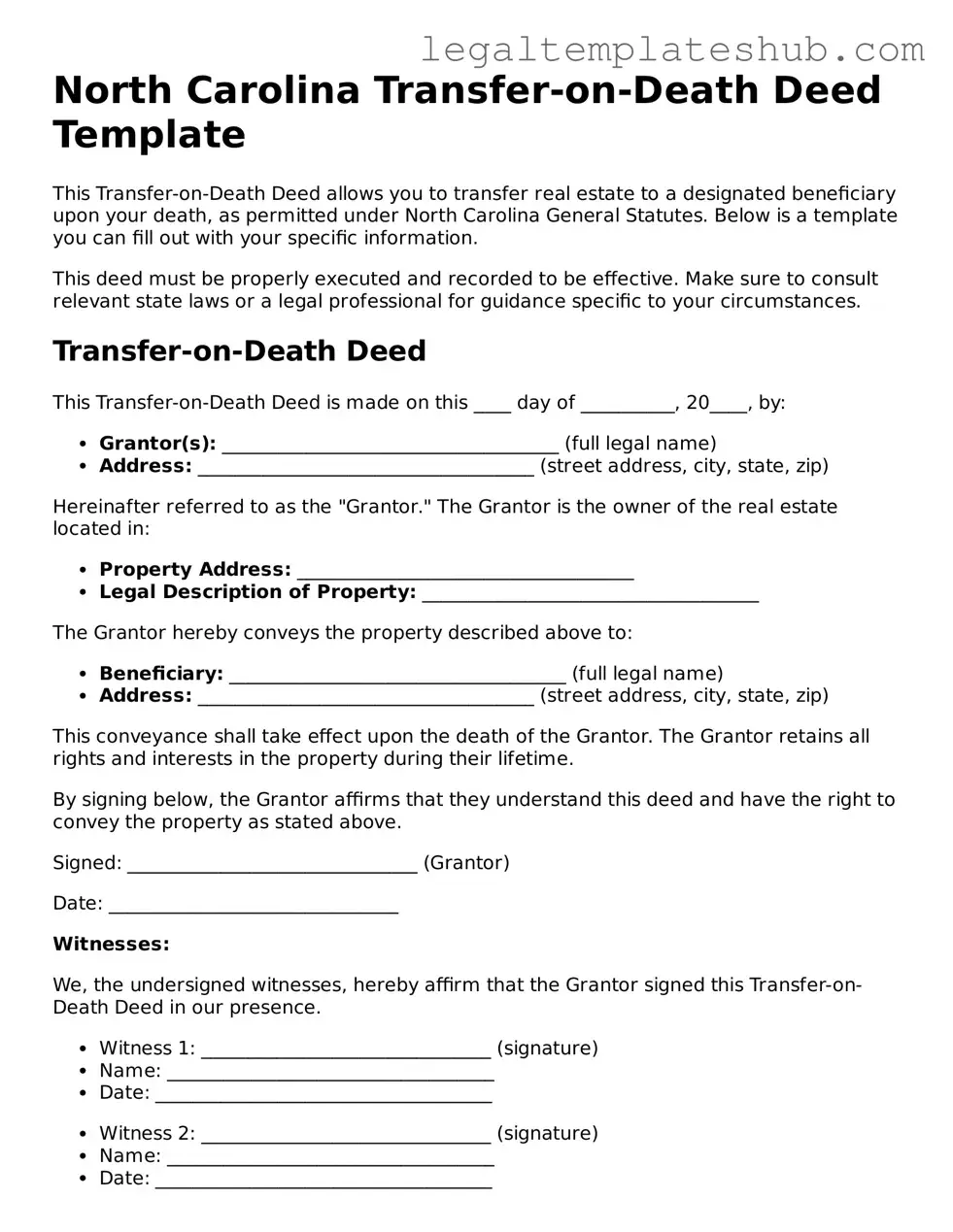 Printable Transfer-on-Death Deed Document for North Carolina