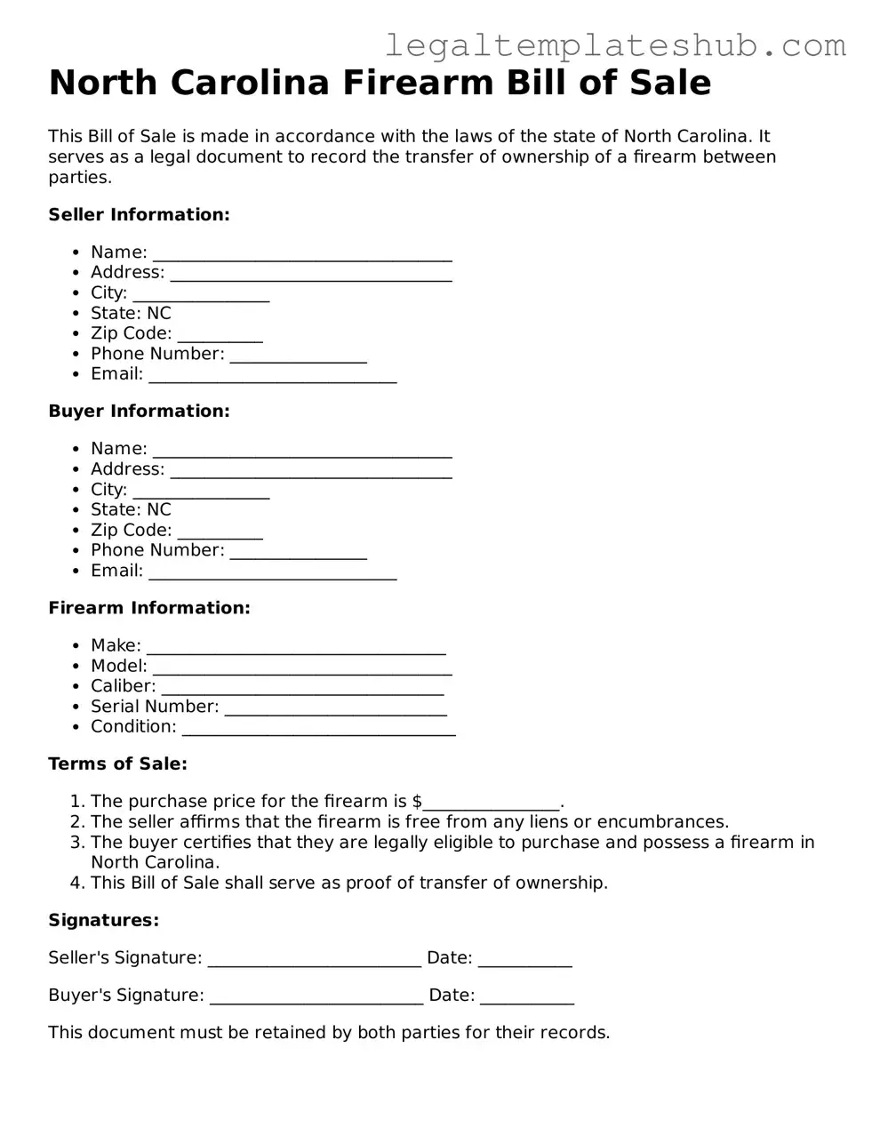 Printable  Firearm Bill of Sale Document for North Carolina