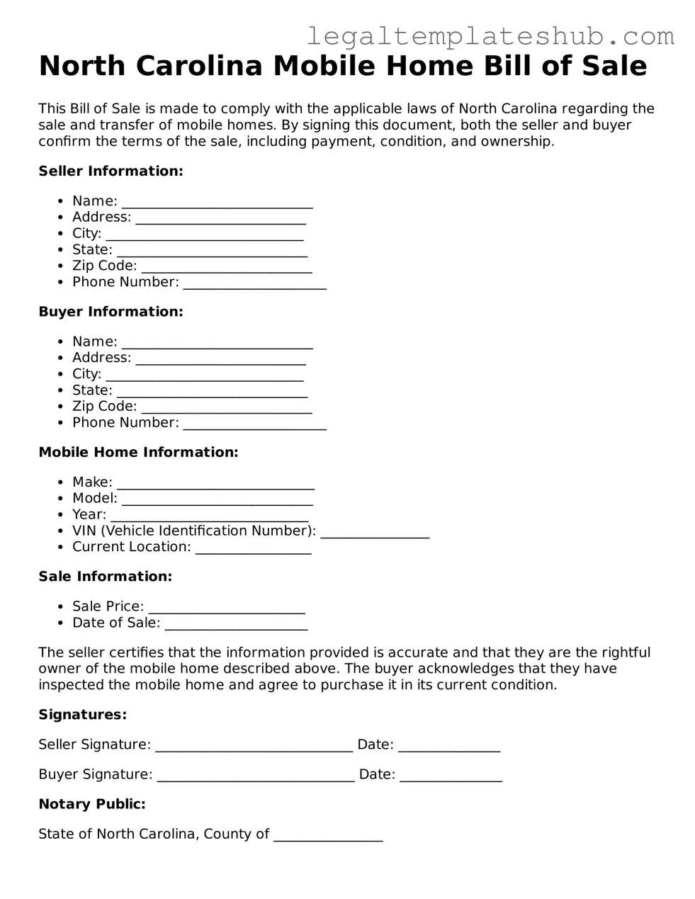 Printable  Mobile Home Bill of Sale Document for North Carolina