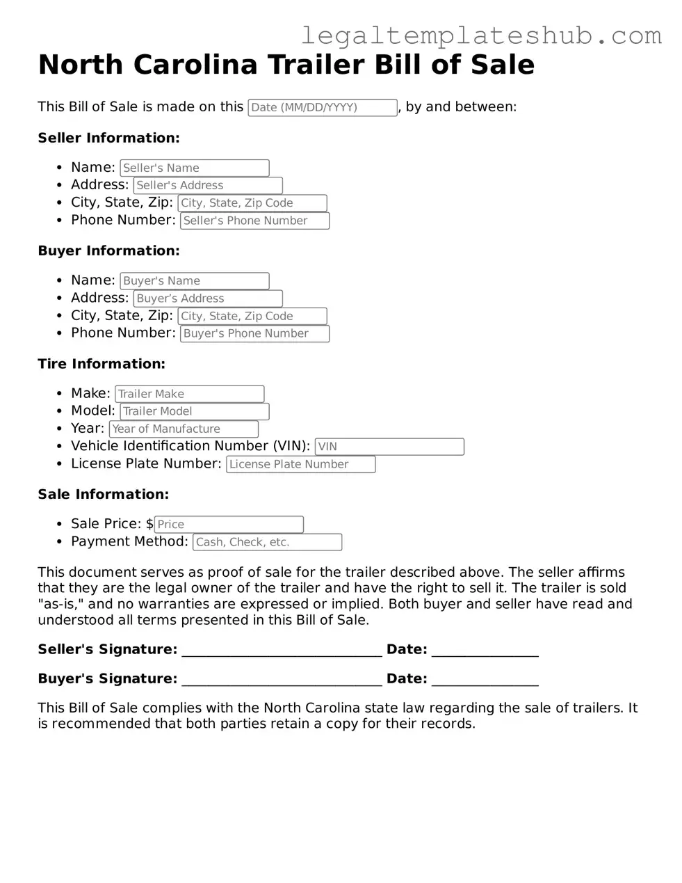 Printable Trailer Bill of Sale Document for North Carolina