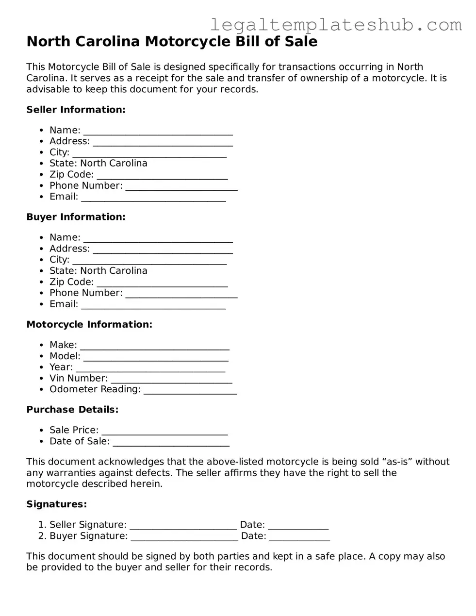 Printable Motorcycle Bill of Sale Document for North Carolina