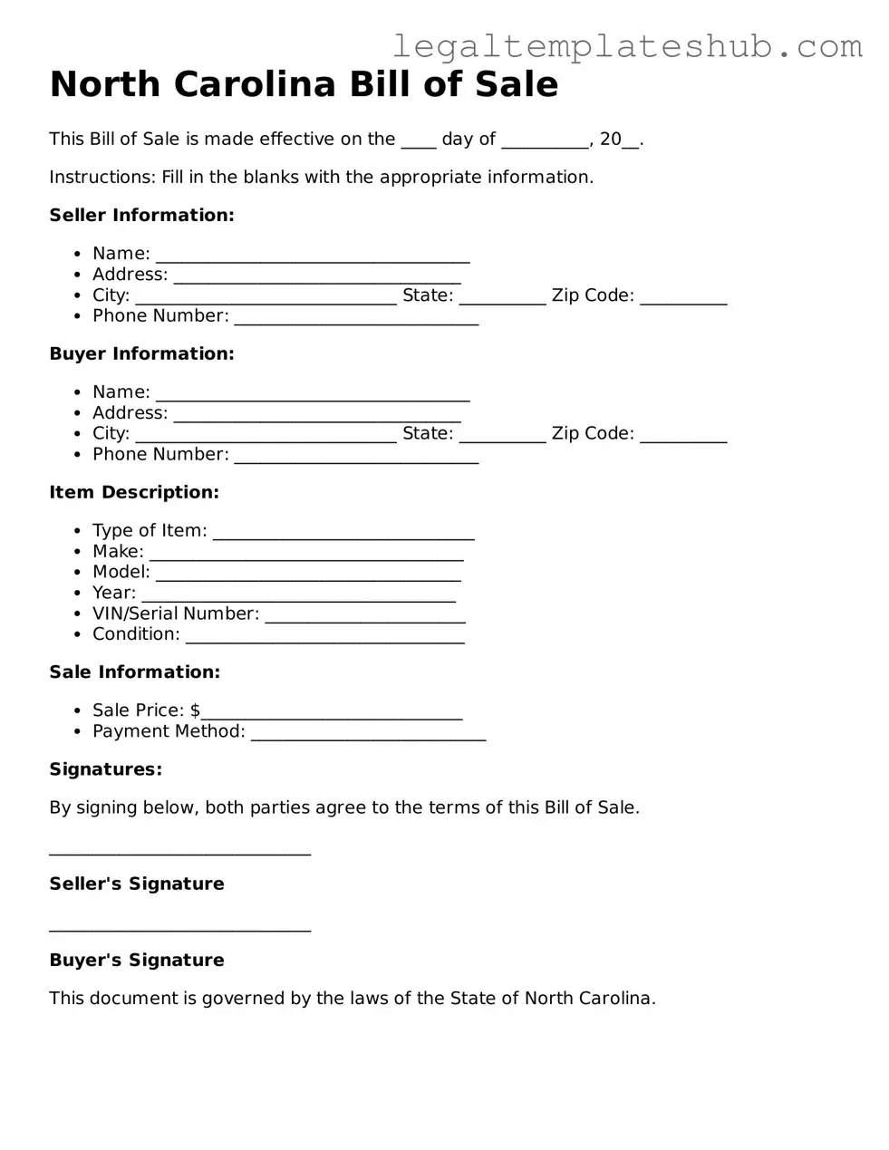 Printable  Bill of Sale Document for North Carolina