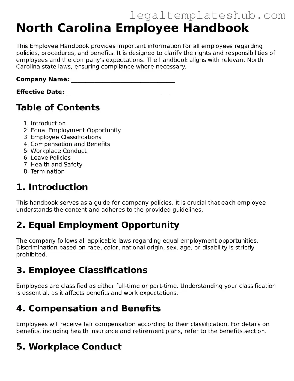 Printable Employee Handbook Document for North Carolina