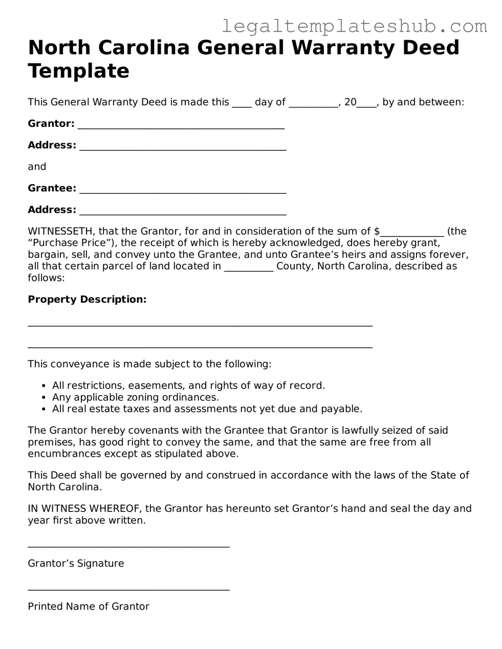 Printable  Deed Document for North Carolina