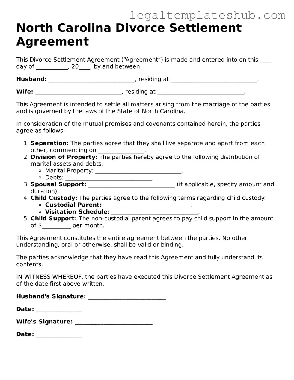 Printable  Divorce Settlement Agreement Document for North Carolina