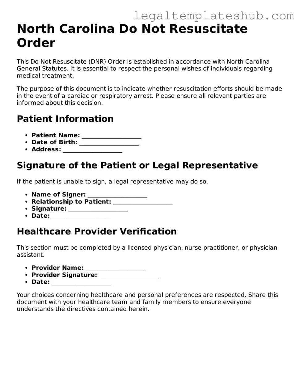 Printable Do Not Resuscitate Order Document for North Carolina
