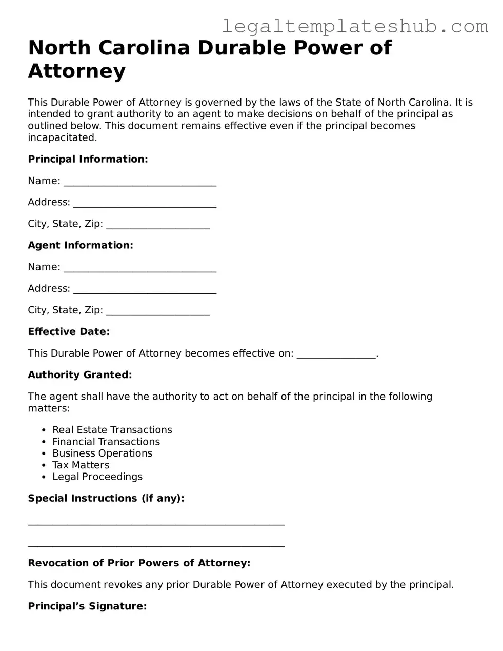 Printable Durable Power of Attorney Document for North Carolina
