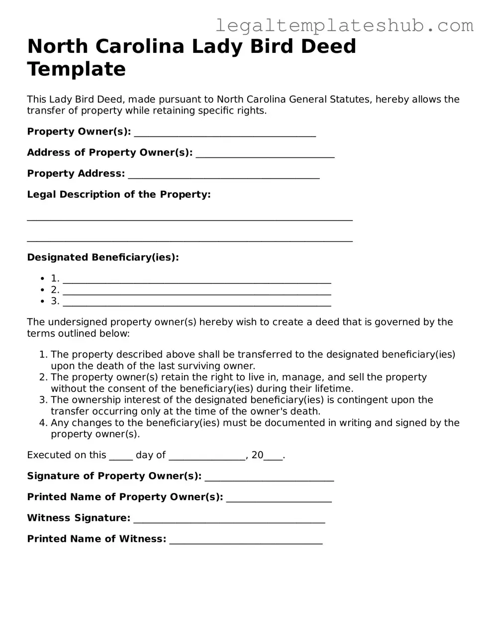 Printable  Lady Bird Deed Document for North Carolina