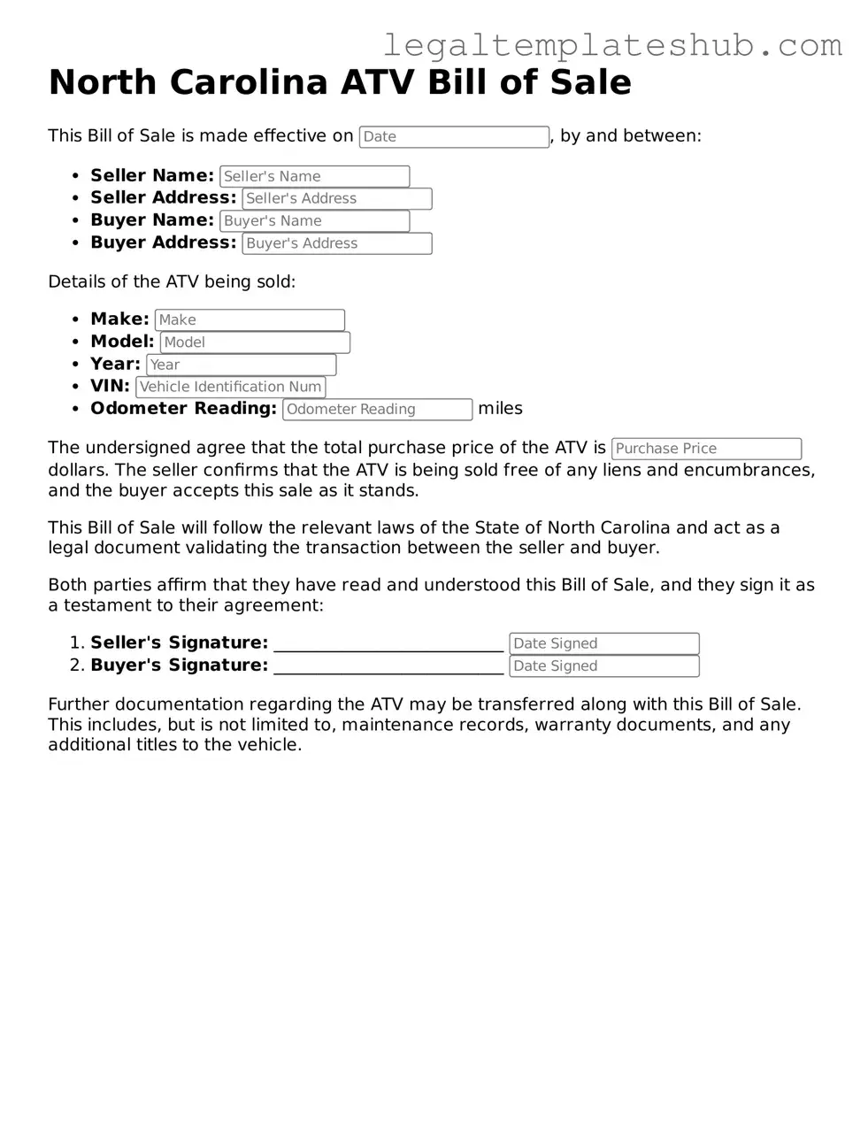 Printable  ATV Bill of Sale Document for North Carolina