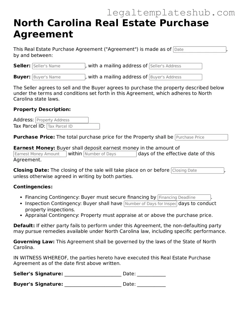 Printable  Real Estate Purchase Agreement Document for North Carolina