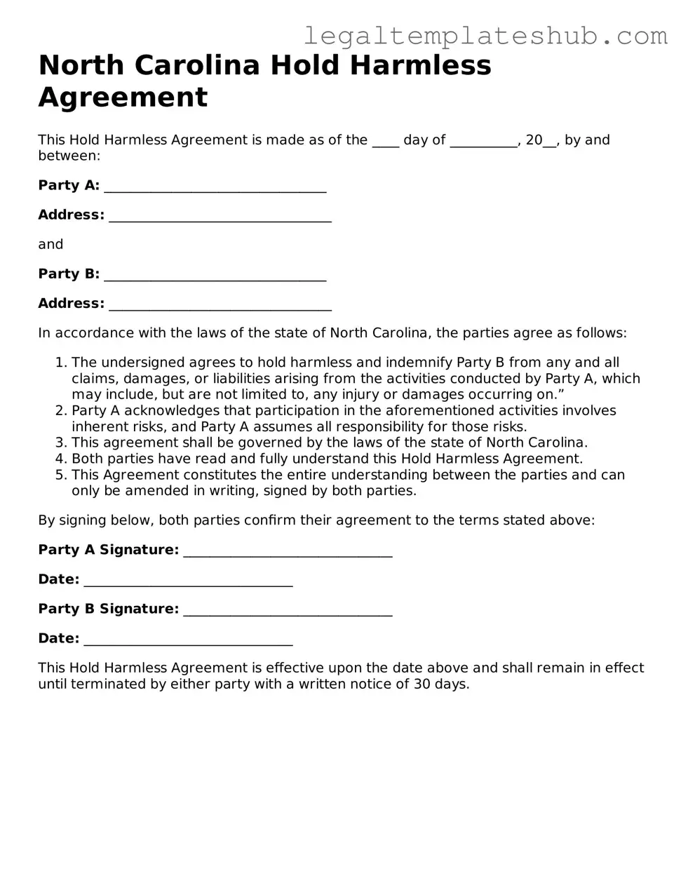 Printable  Hold Harmless Agreement Document for North Carolina