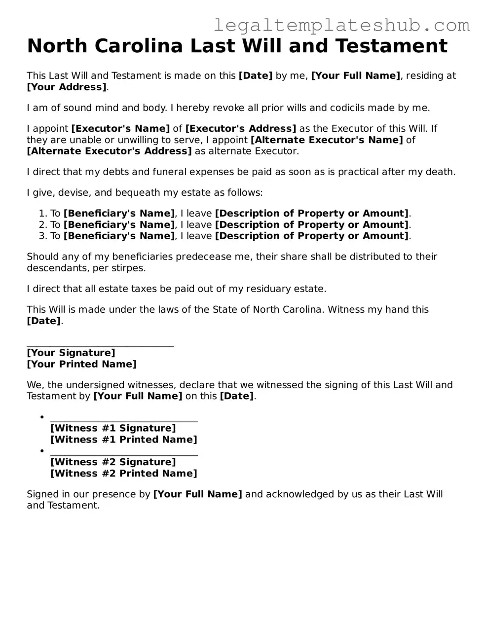 Printable Last Will and Testament Document for North Carolina
