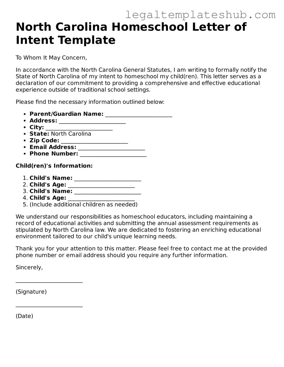 Printable  Homeschool Letter of Intent Document for North Carolina