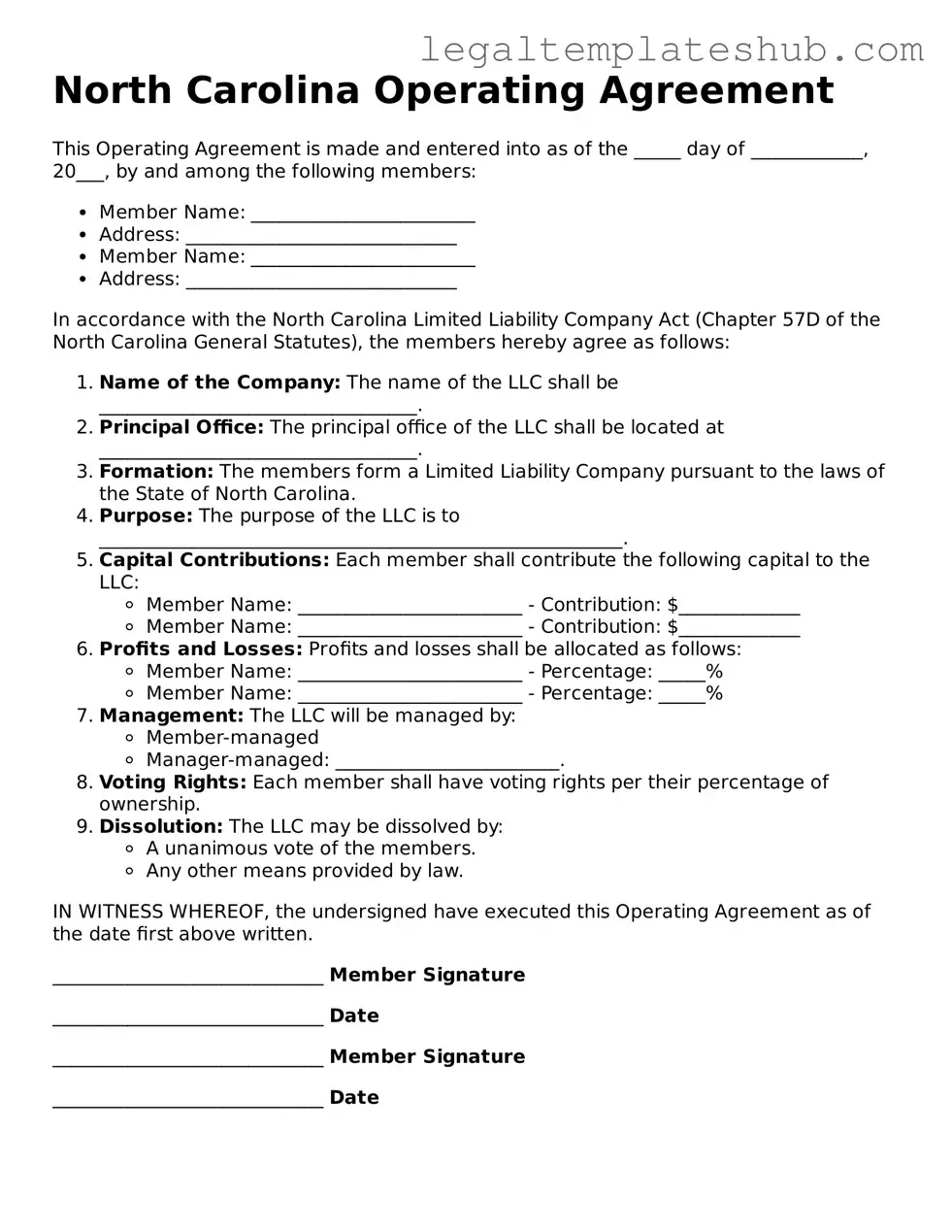 Printable  Operating Agreement Document for North Carolina