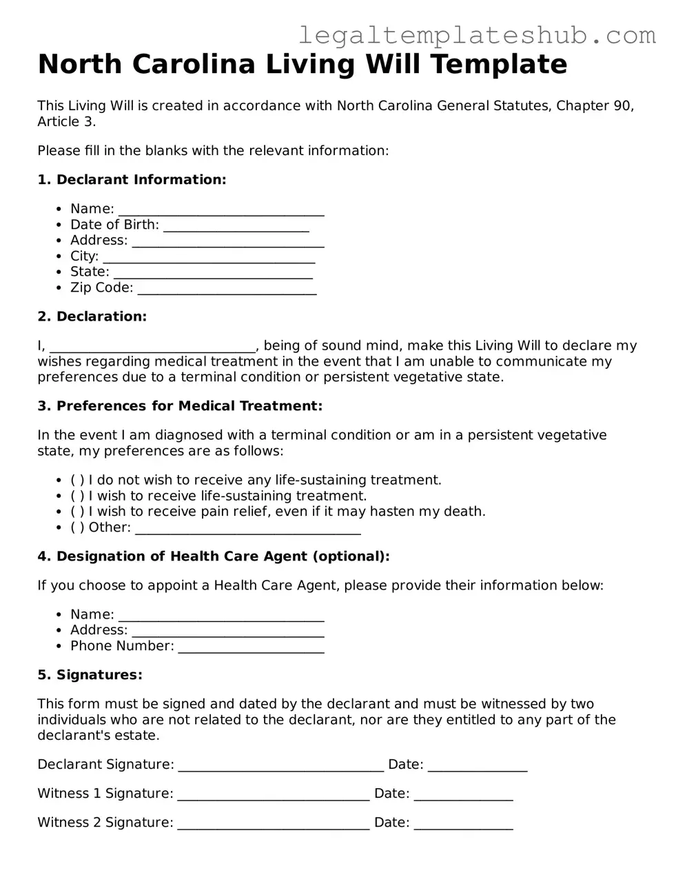 Printable  Living Will Document for North Carolina