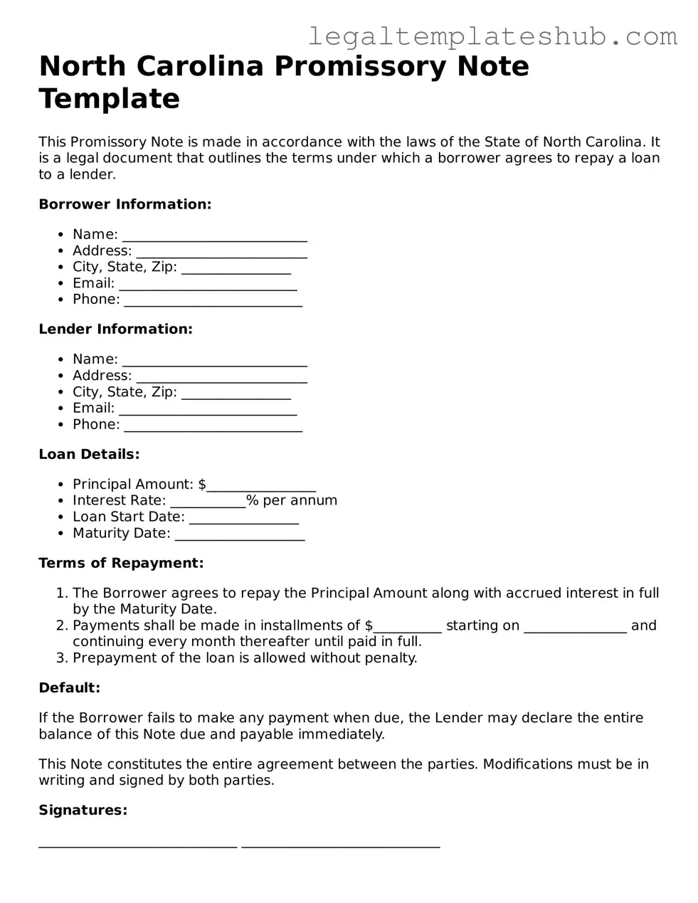 Printable Promissory Note Document for North Carolina