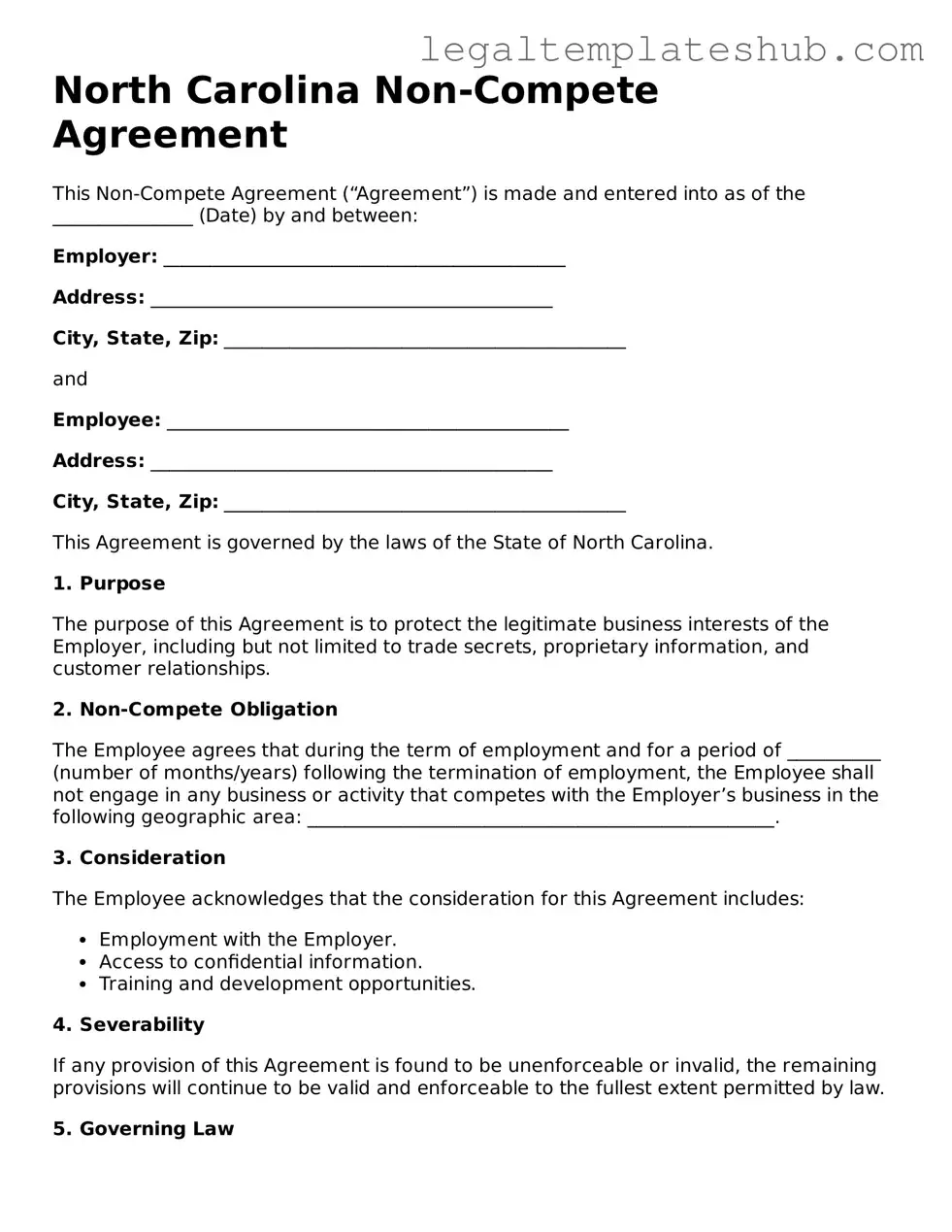 Printable Non-compete Agreement Document for North Carolina