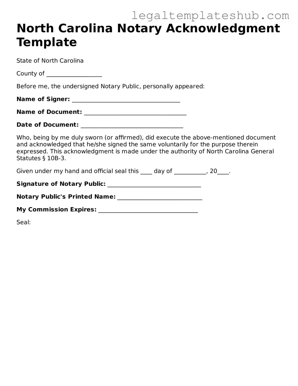 Printable  Notary Acknowledgement Document for North Carolina