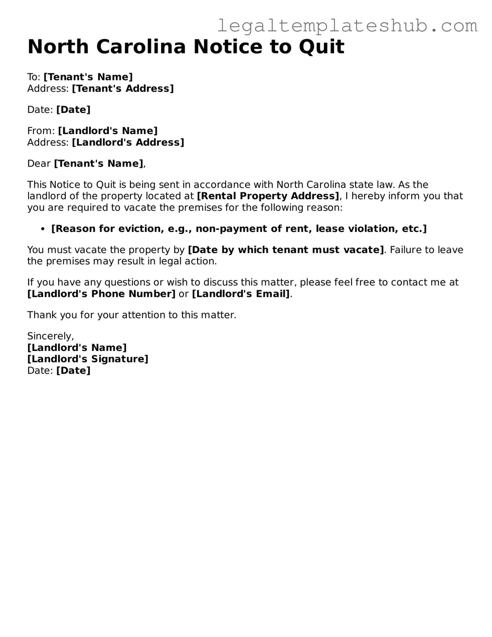 Printable Notice to Quit Document for North Carolina