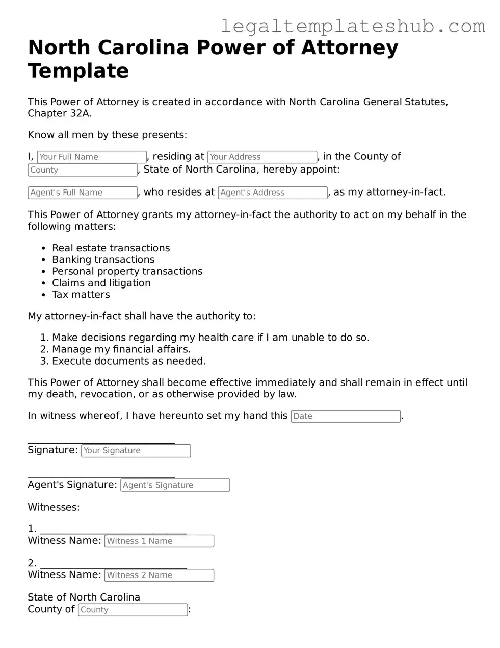 Printable Power of Attorney Document for North Carolina