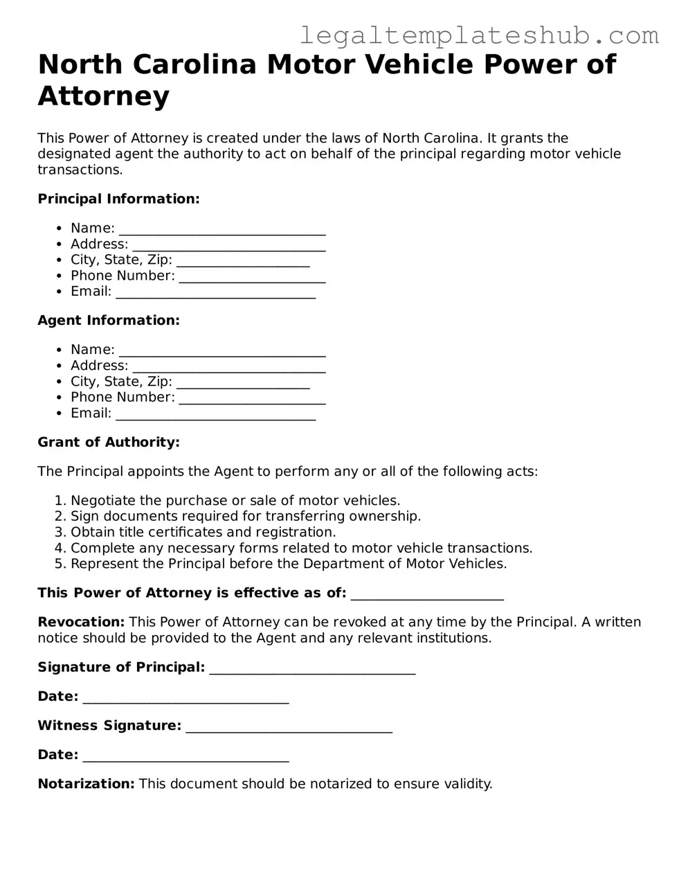 Printable Motor Vehicle Power of Attorney Document for North Carolina