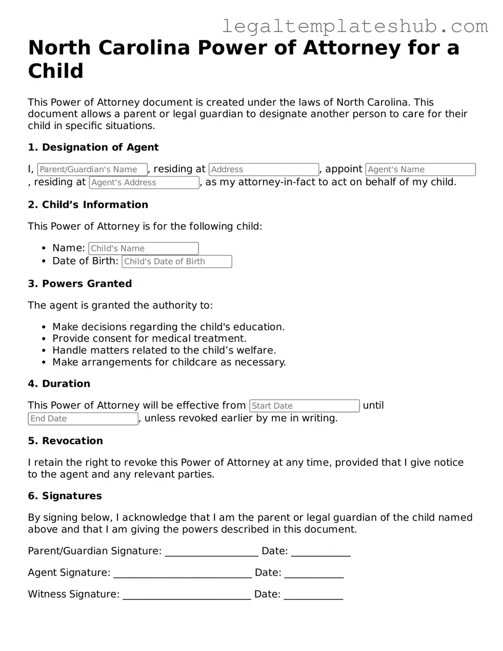 Printable Power of Attorney for a Child Document for North Carolina